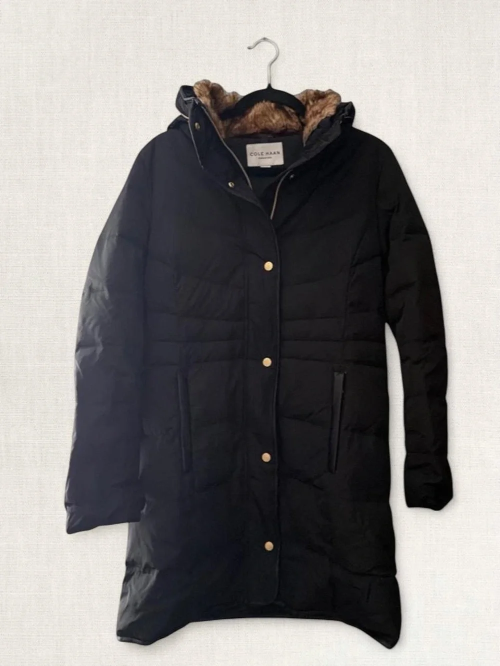 Cole Haan Black Quilted Puffer Coat with Faux Fur Hood Lining